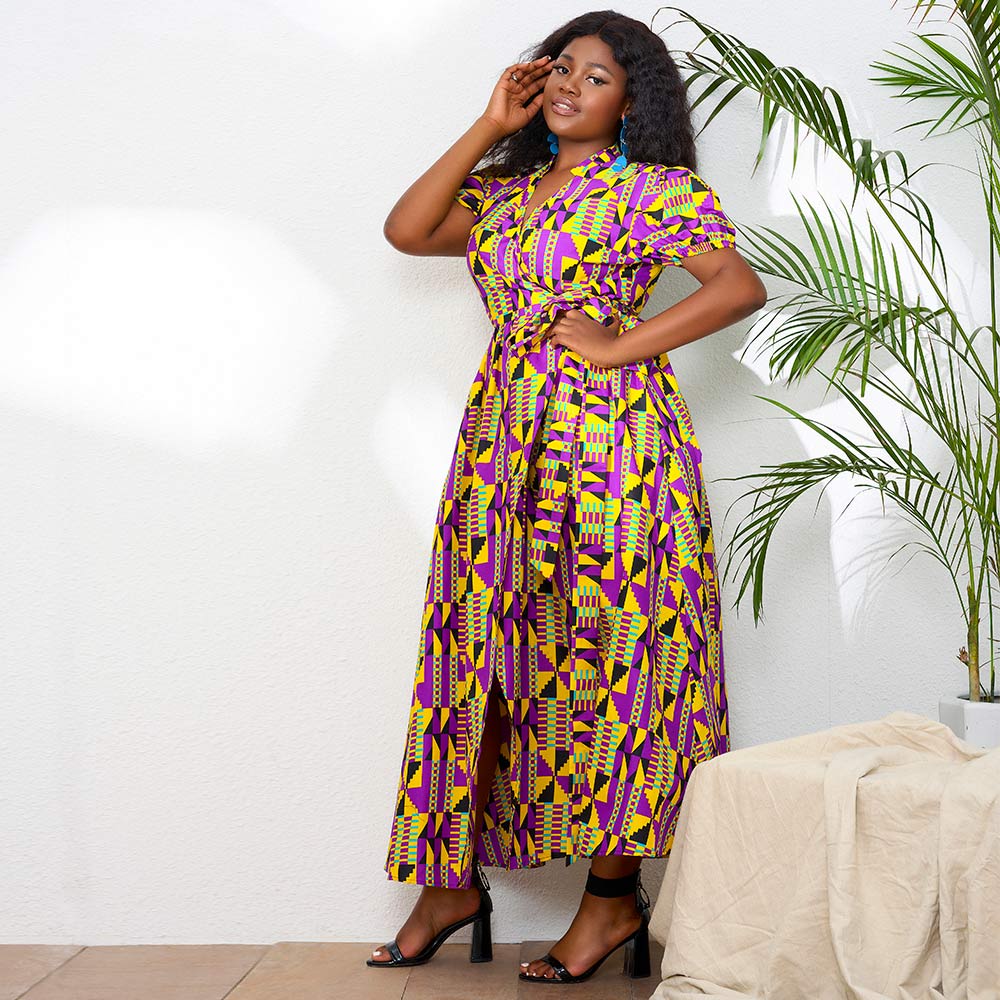 African Print Short sleeve wrap long dress