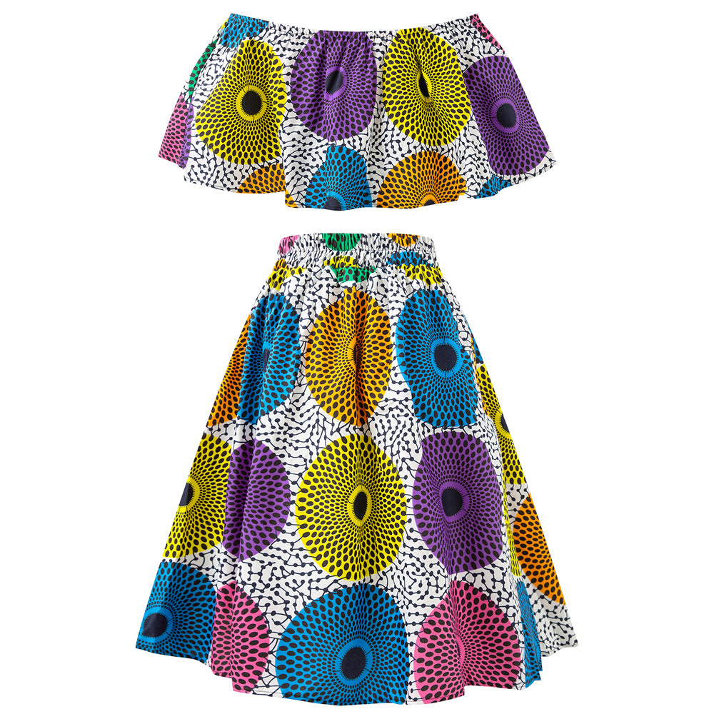 African one shoulder top mini skirt 2 pieces Set For Women