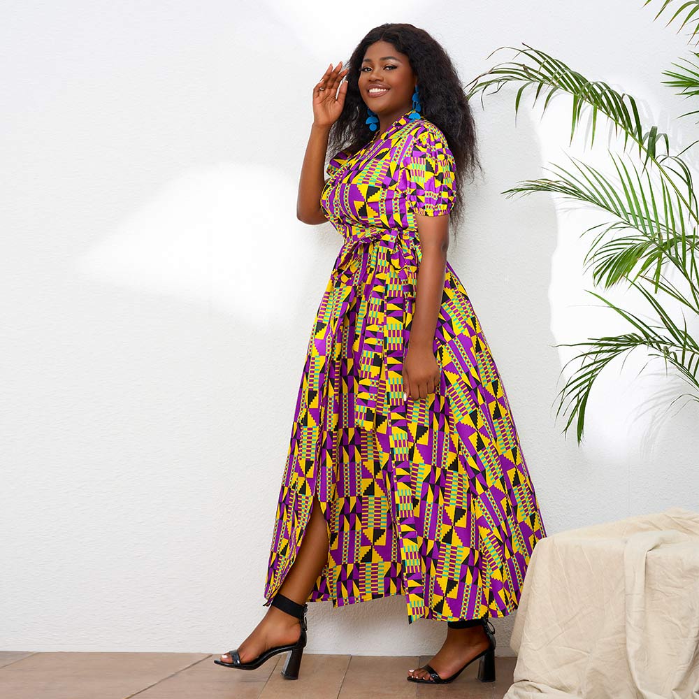 African Print Short sleeve wrap long dress