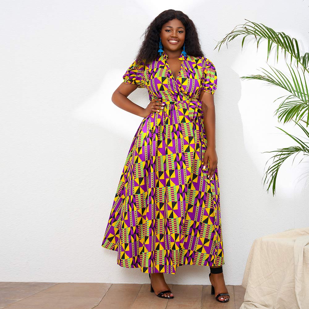African Print Short sleeve wrap long dress