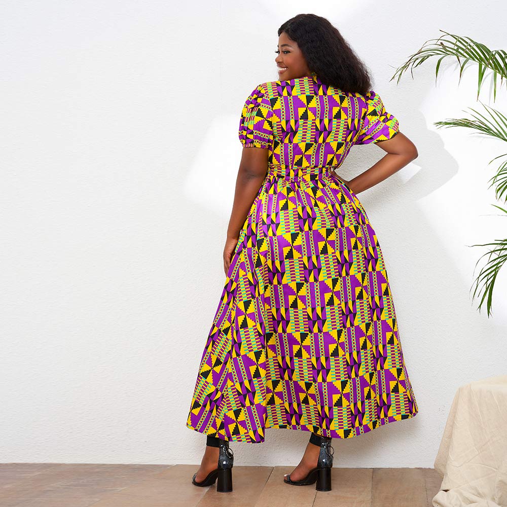 African Print Short sleeve wrap long dress