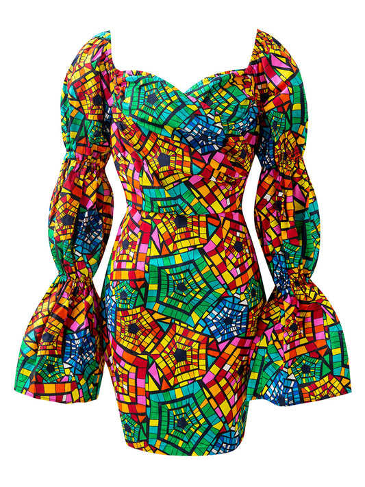 African Print Bell Sleeve Dress For Women