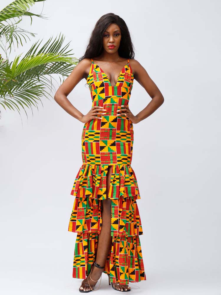 African Kente Layered Maxi Dresses M / YELLOW African Kente Layered Maxi Dresses M / YELLOW