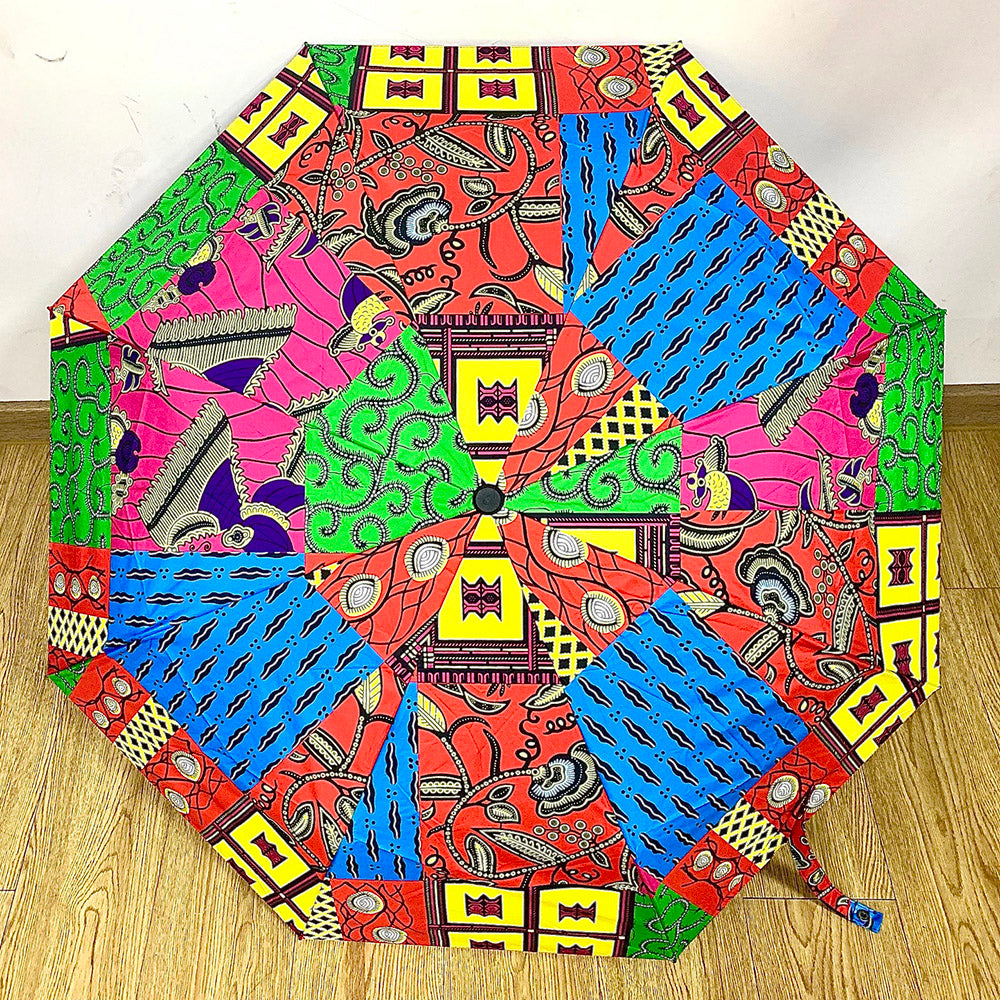 12 bone black glue fashion Ankara batik print automatic folding umbrella durable keel anti-ultraviolet folding umbrella