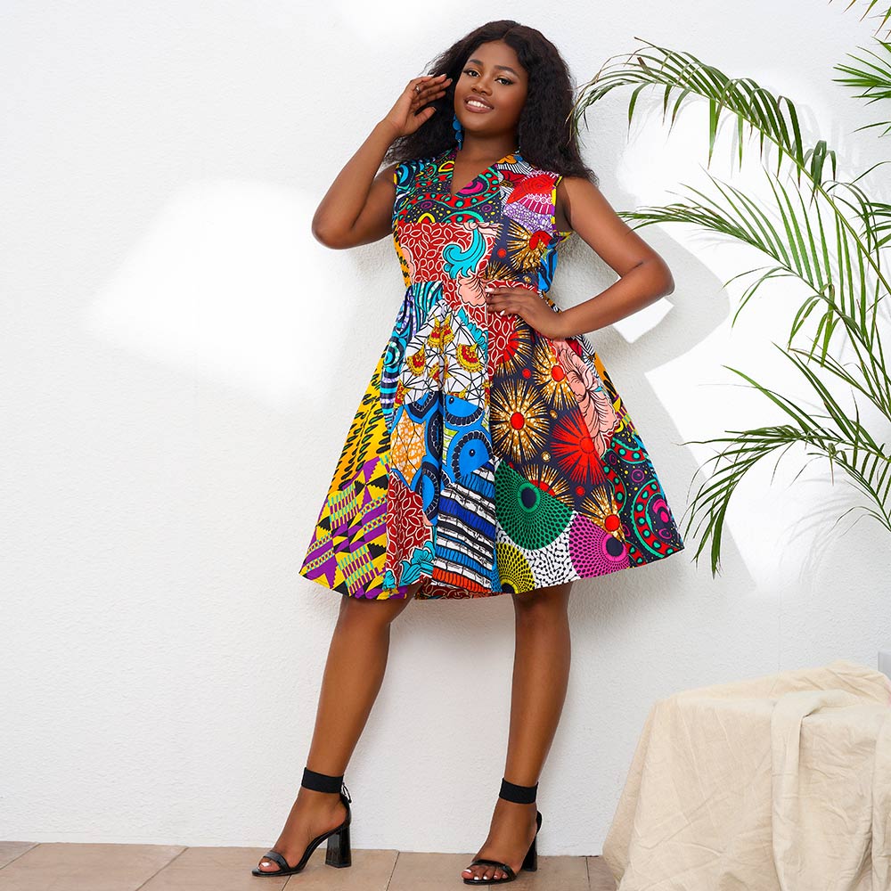African Print Sleeveless Mix Random Print Dresses