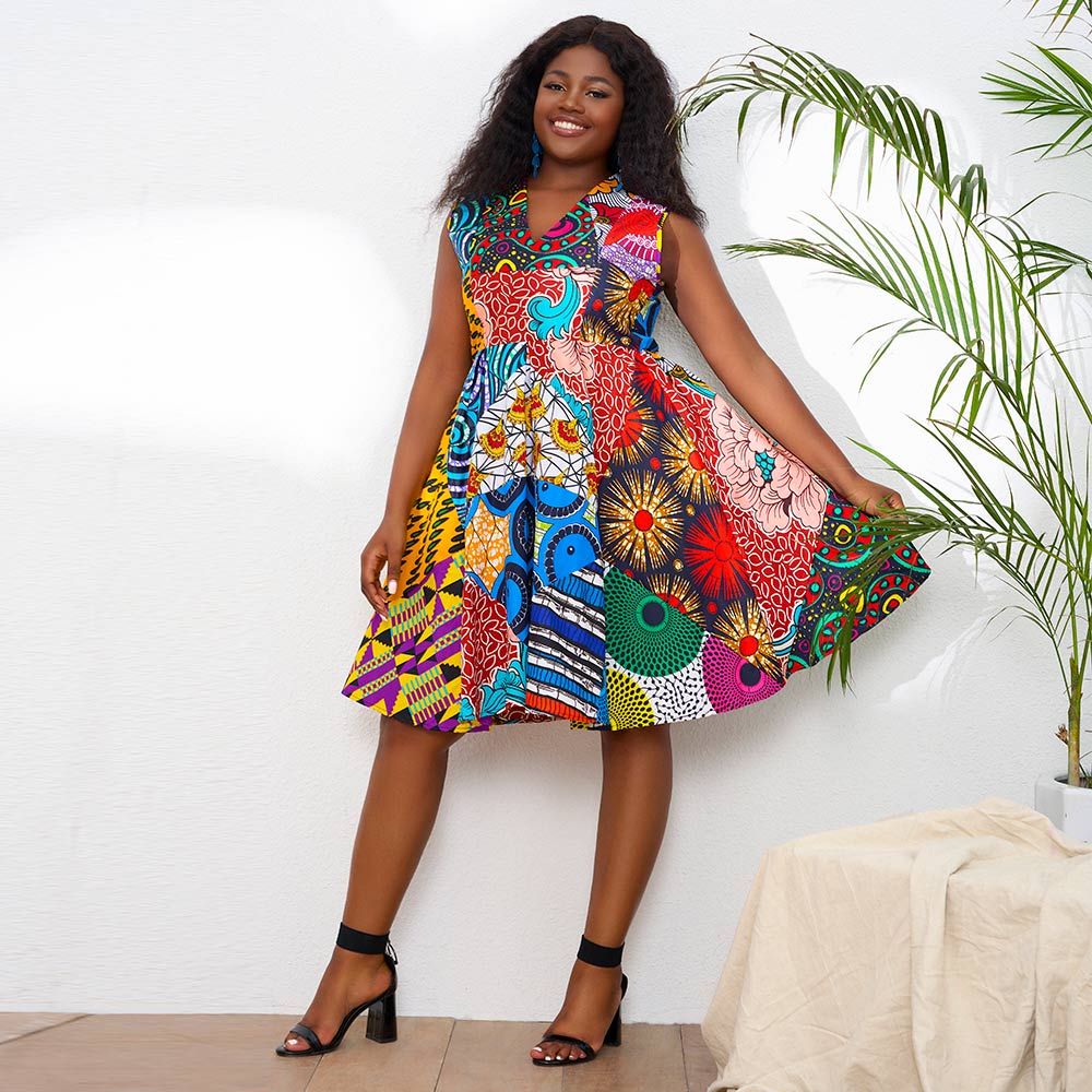 African Print Sleeveless Mix Random Print Dresses