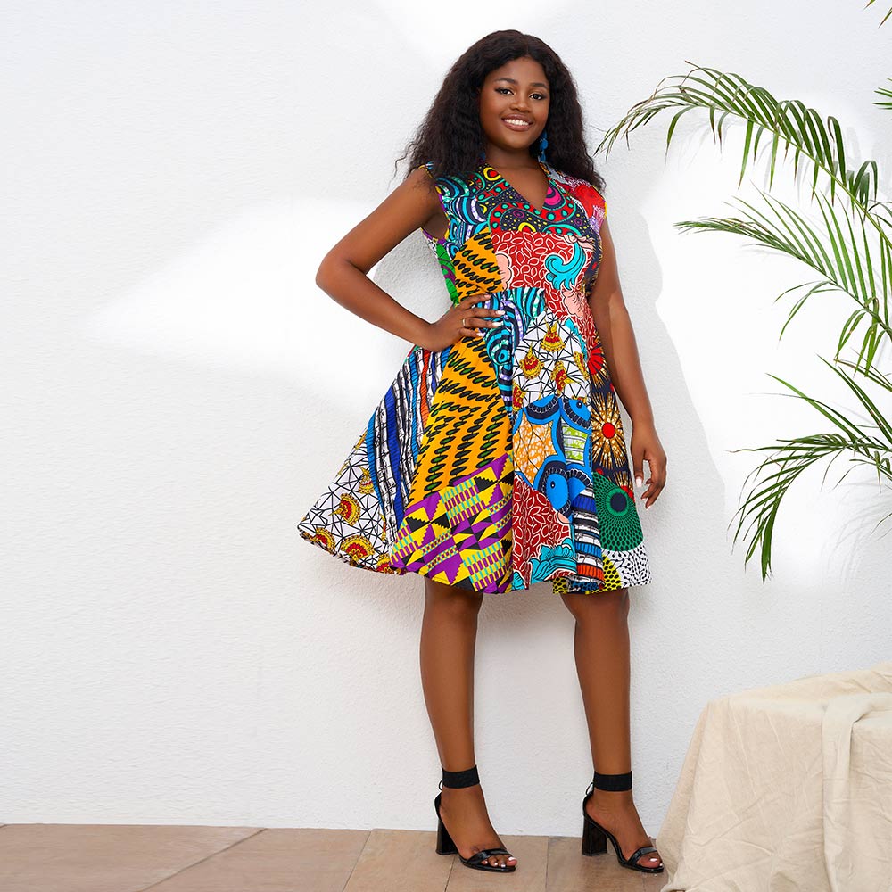 African Print Sleeveless Mix Random Print Dresses