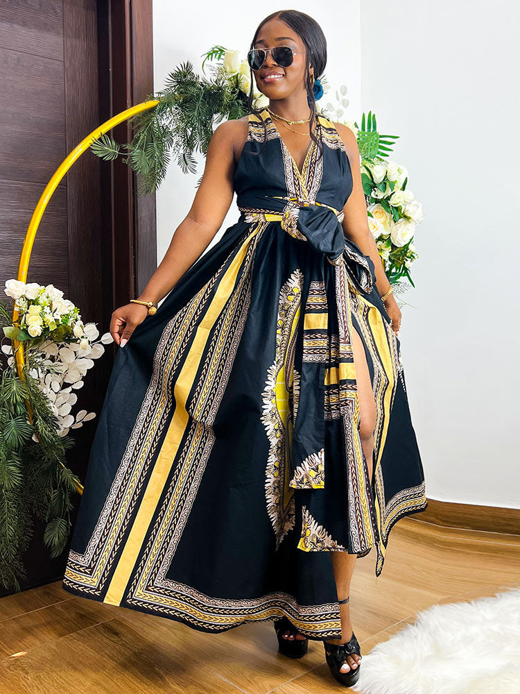 African Black Dashiki Print maxi dress