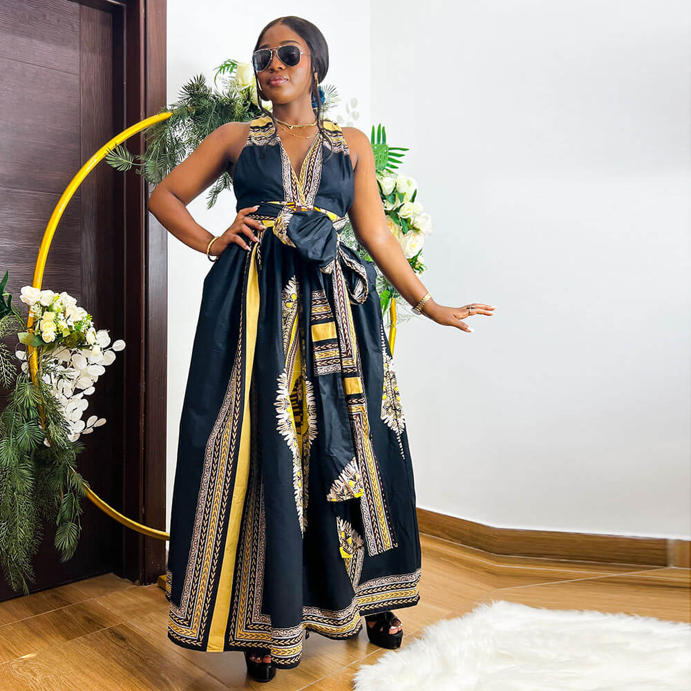 African Black Dashiki Print maxi dress