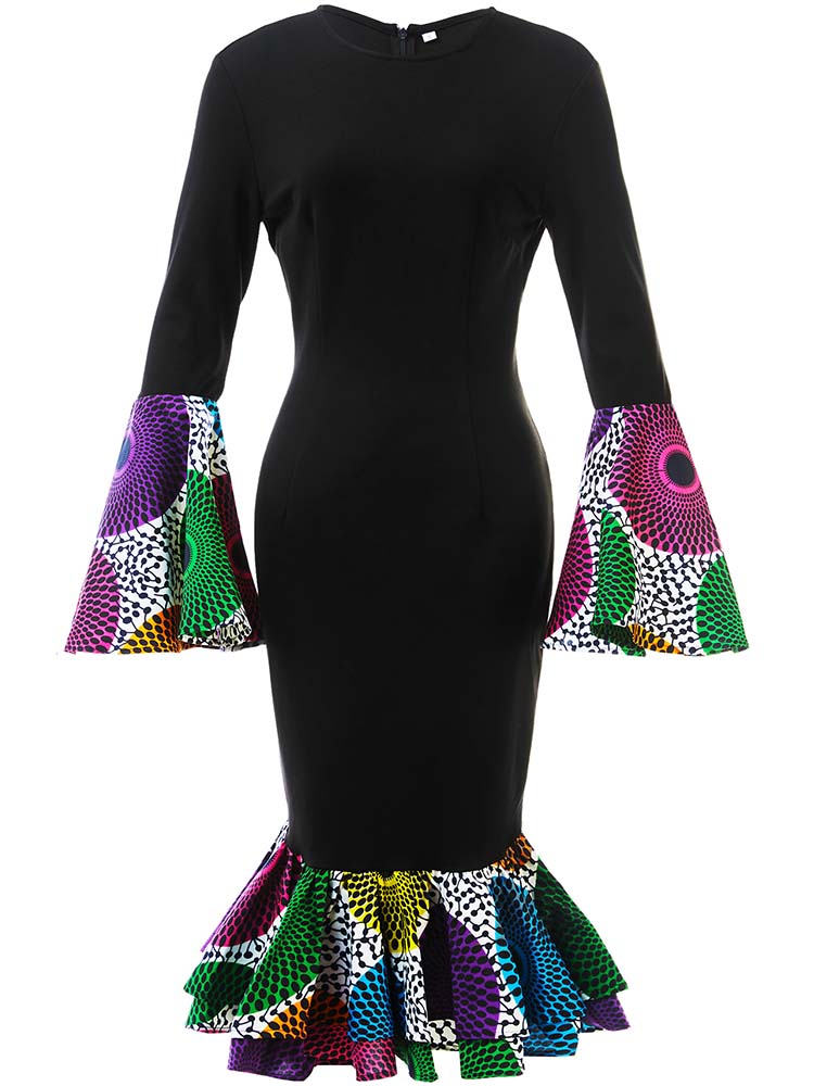African Print Bell Sleeves Dress (White Circle)