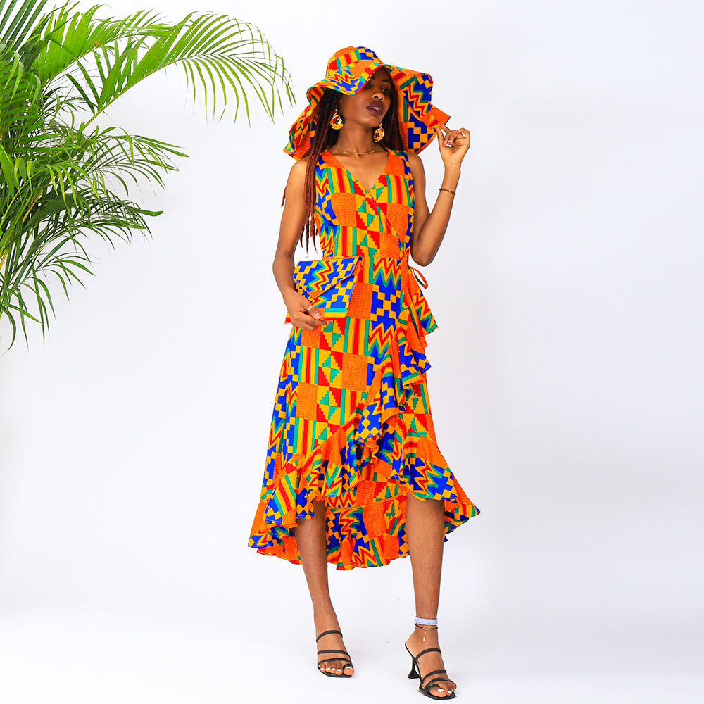 ASHA WRAP DRESS KENTE PRINT MIDI DRESS