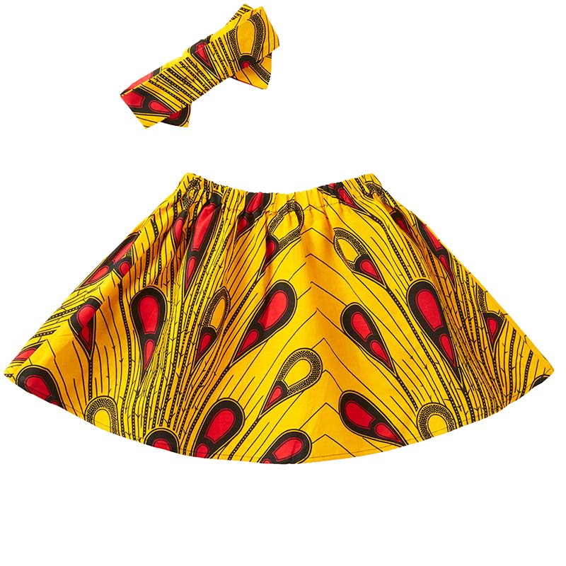 African Style Ankara Print Kids Skirt Headscarf Set