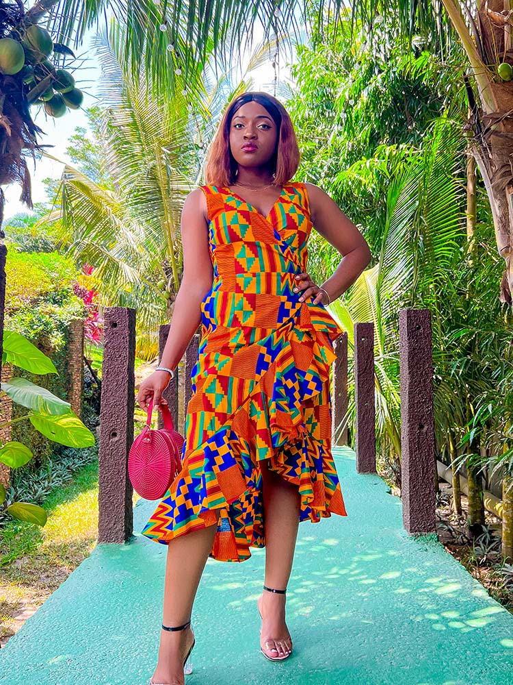 ASHA WRAP DRESS KENTE PRINT MIDI DRESS